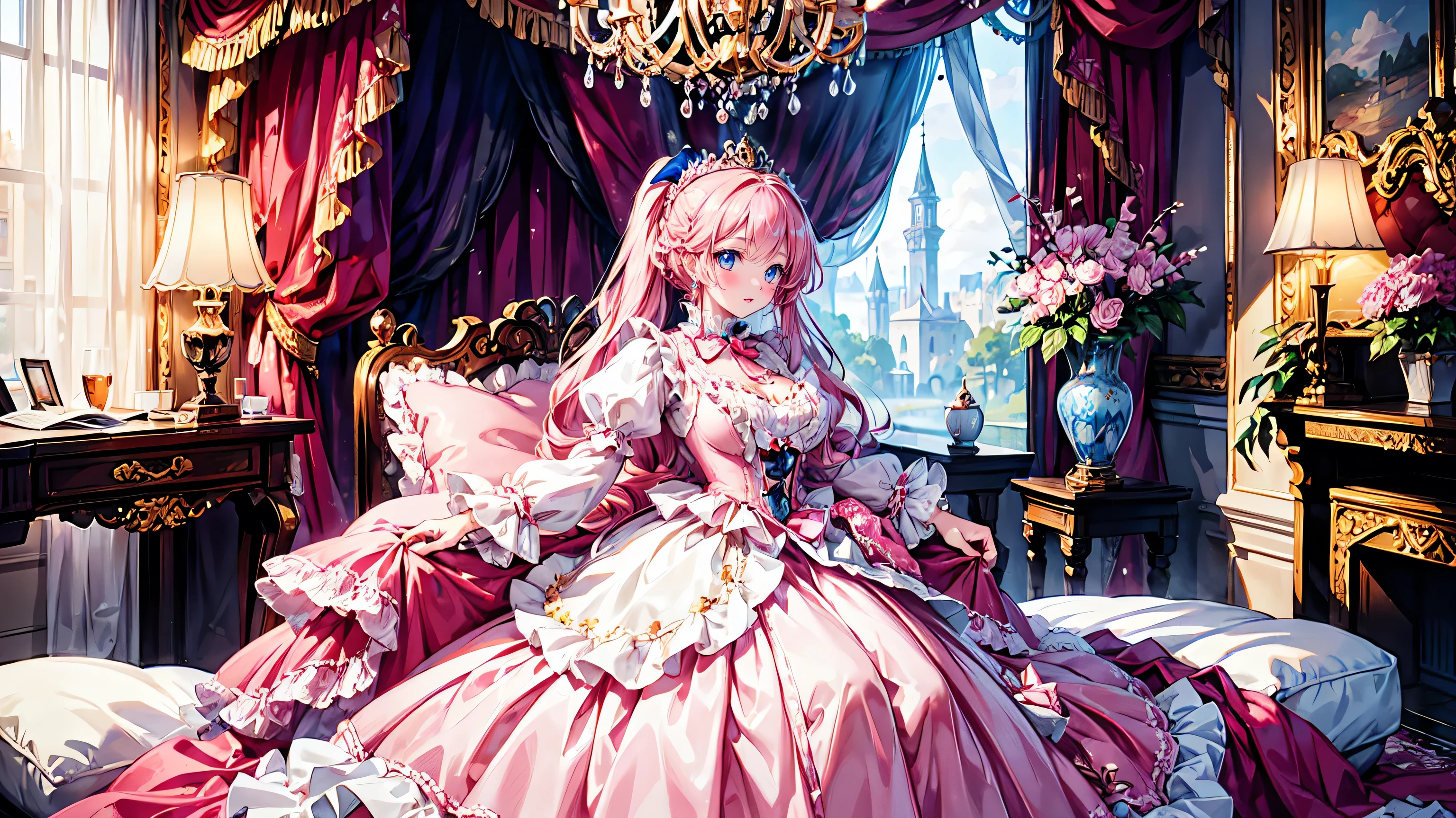 anime moe art style, (Masterpiece, ultra detailed, top quality), (((young face solo princess))), (gown hot pink gown), (((ultra gorgeous rococo victorian gown with voluminous hoopskirt and long hems, princess style skirt))), ((huge breasts)), breasts cleavage, (hair pink hair), (fluffy long ponytail), Expressive hair, very voluminous hair, bangs, super delicate and beautiful face, beautiful lips, (hyper detail delicate beautiful eyes blue eyes), full body, (Palace bedroom, huge victorian canopy bed, pink bedspread with ruffles, fluffy pillows with ruffles, luxurious ruffled pink curtains),