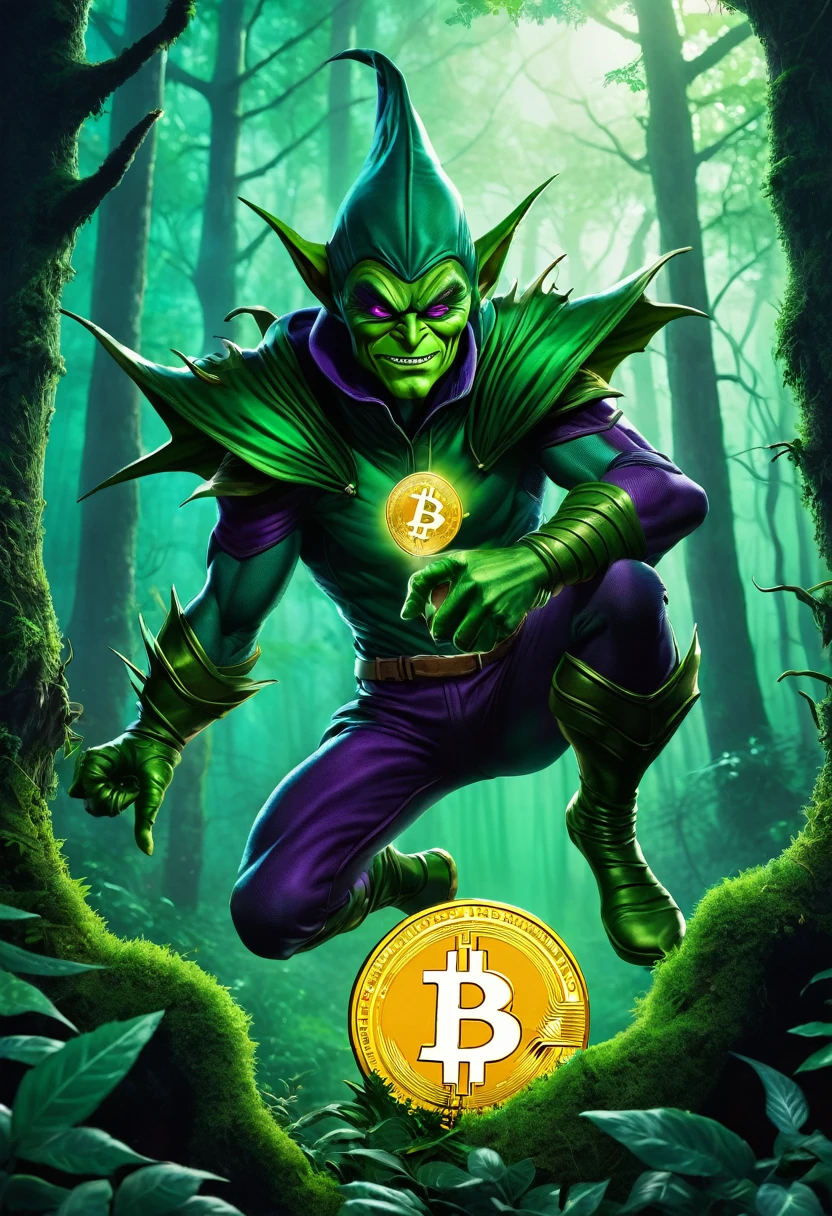 forest in the background, fantasy green goblin holding bitcoin