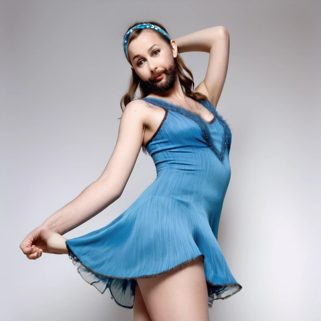 precise portrait, bearded woman with well-trimmed hairy and shaggy beard, mid-length brown hair with a headband, cute and naughty brown eyes, blue dancer's dress