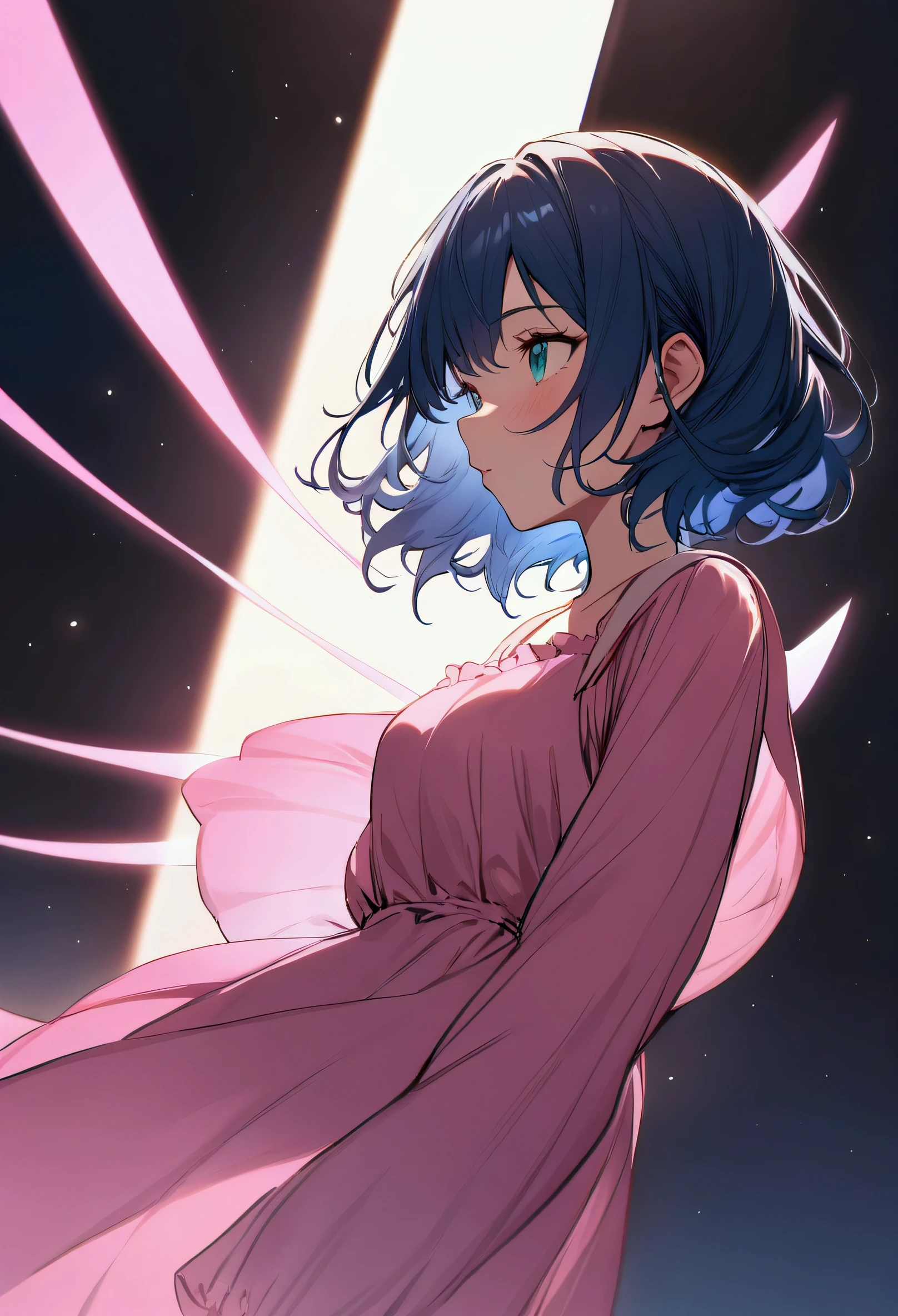 shortening, Depth of written boundary, masterpiece, Best Quality, 22 year old girl, Navy Blue Hair, Teal Eye, Medium Hair, floating,Pink rays, alone, Watching the audience,Pink Dress, flight, Dim sunshine,