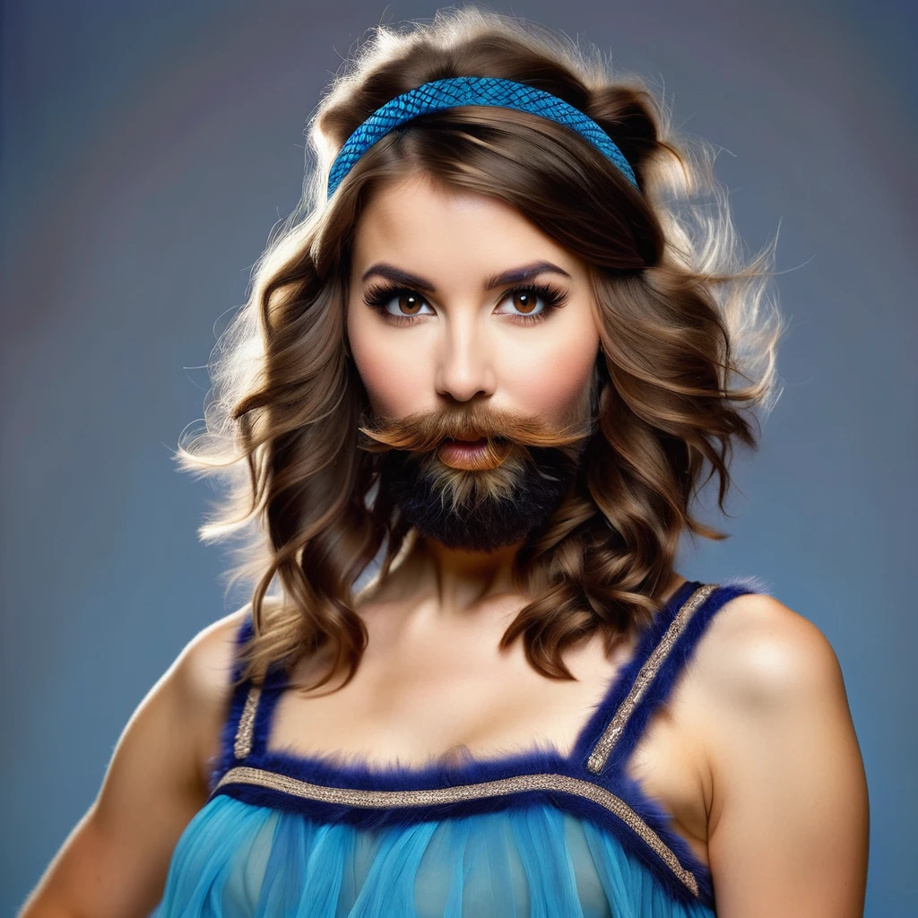 precise portrait, bearded woman with well-trimmed hairy and shaggy beard, mid-length brown hair with a headband, cute and naughty brown eyes, blue dancer's dress