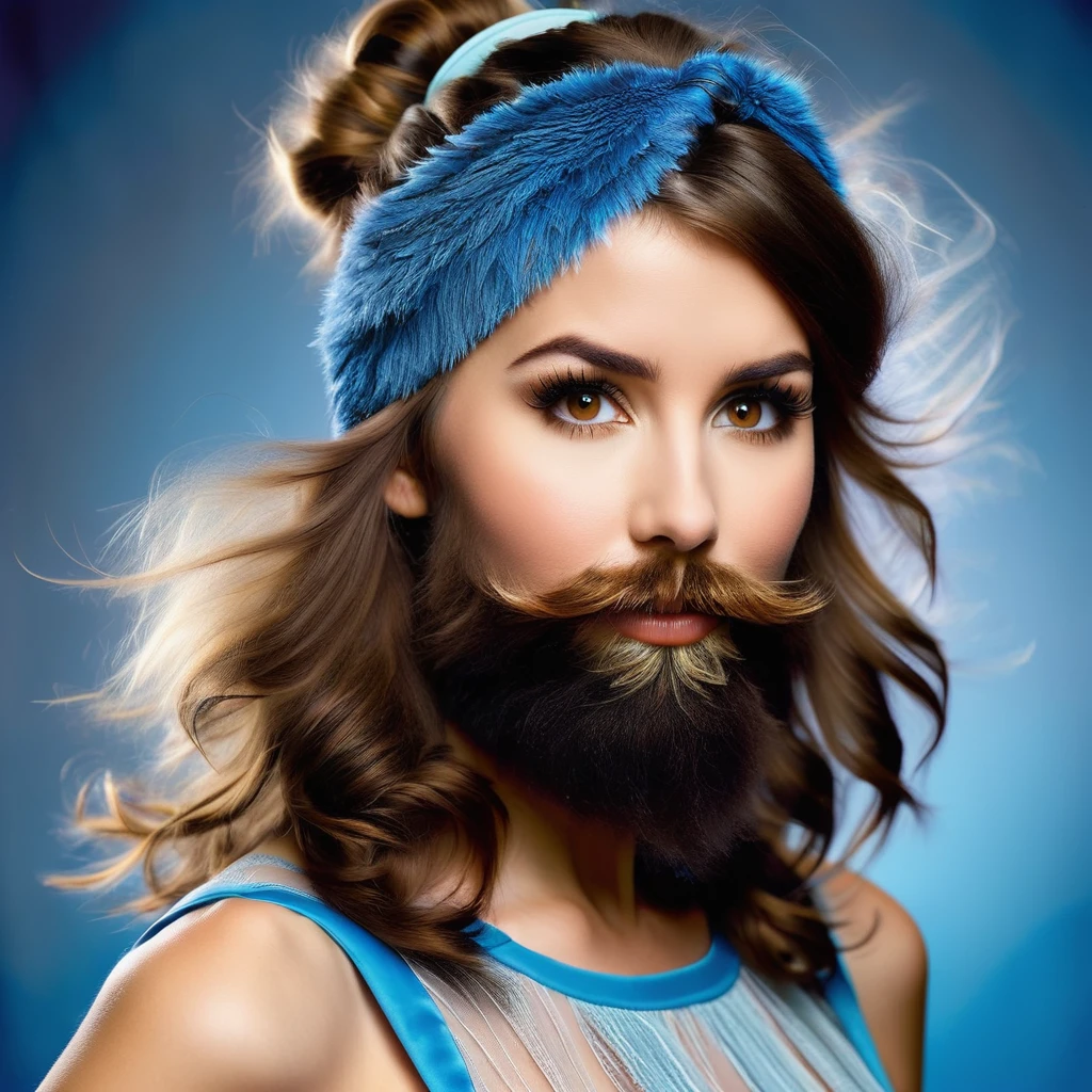 precise portrait, bearded woman with well-trimmed hairy and shaggy beard, mid-length brown hair with a headband, cute and naughty brown eyes, blue dancer's dress