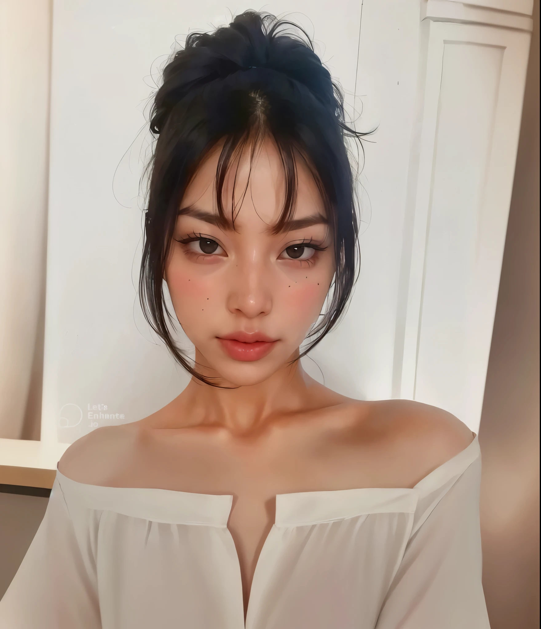 A white blouse,deep heart-shaped neckline