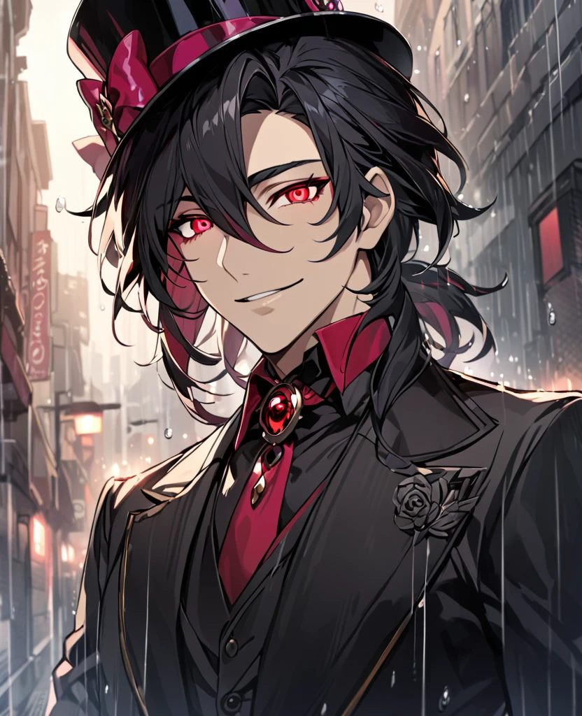  (black_hair), (deep_ruby_eyes), (detailed_eyes), (smile), (attractive), (street_background), (raining), (glowing_eyes), (male), (wearing _a_black_suit), (long_male_hair), (detailed_Hair), (detailed), (detailed_mouth), (top_hat), (close_up), (grown_up)