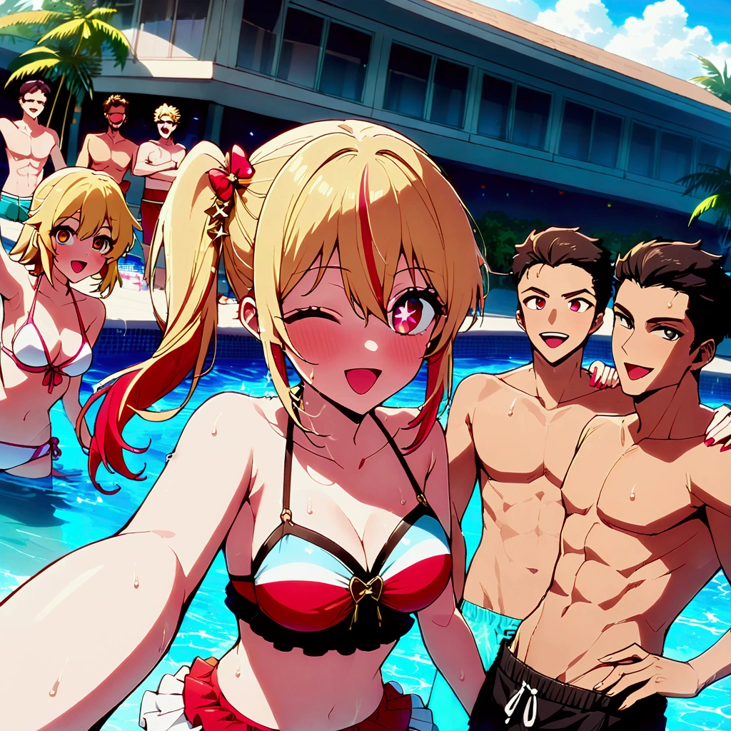 (Pool Party), swimsuit crowd boys, young people having fun at a pool, one girl among many men, hoshinoruby, star-shaped pupils, ruby_hoshino, idol, blonde hair, pink and red eyes, left side ponytail, one eye closed, right wink, streaked hair, hair between eyes, medium breasts, finely detailed skin, best quality, masterpiece, high quality, extremely detailed CG unity 8k wallpaper, highres, intricate details, everyone enjoys partying, multi pose, colorful swim rings, big beach balls, water splashing, caustics, glass of cocktail, partially underwater shot, cowboy shot, (captures a selfie:1.5), looking up, looking at viewer,