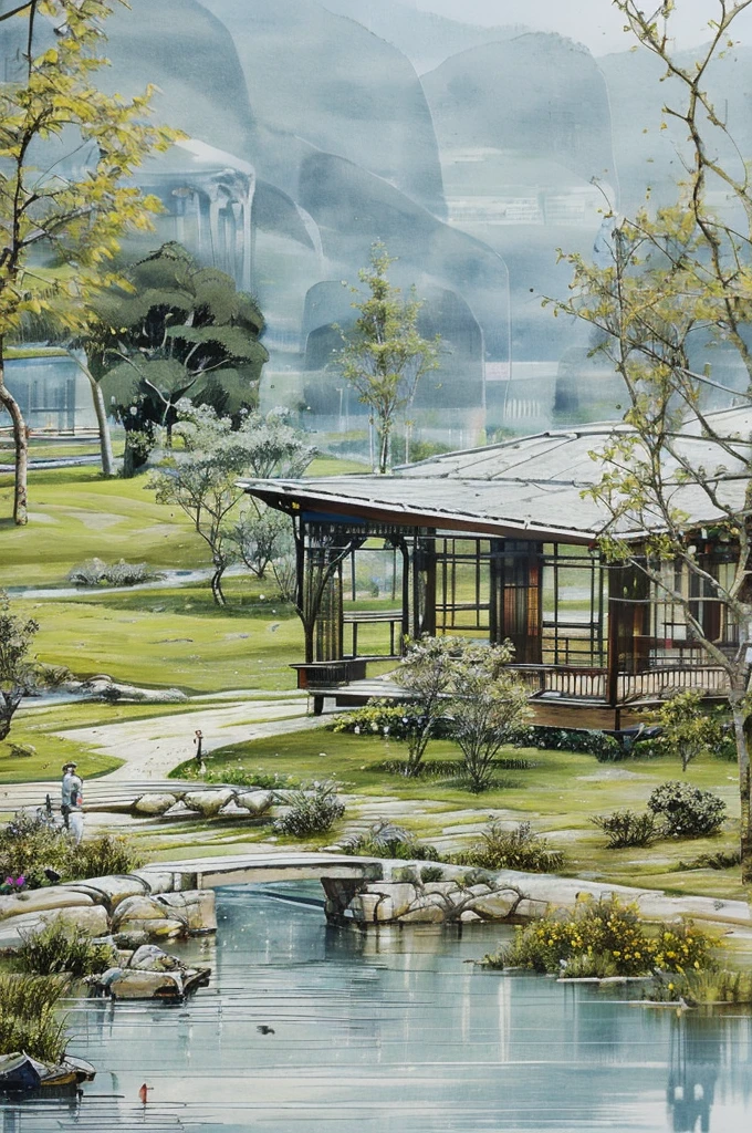 Pavilion by the water，Rich in artistic conception，Ink Painting，Chinese painting，willow，Sparkling，Mustard Seed Garden Painting Manual，Chinese pavilion，willow