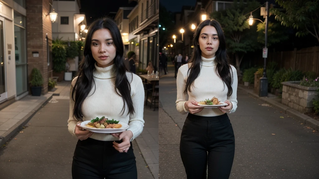 a girl(who is wearing white highneck sweater and black pant, long black hair ) is standing with a plate of food in her hand, more realistic, background green hills, evening scene