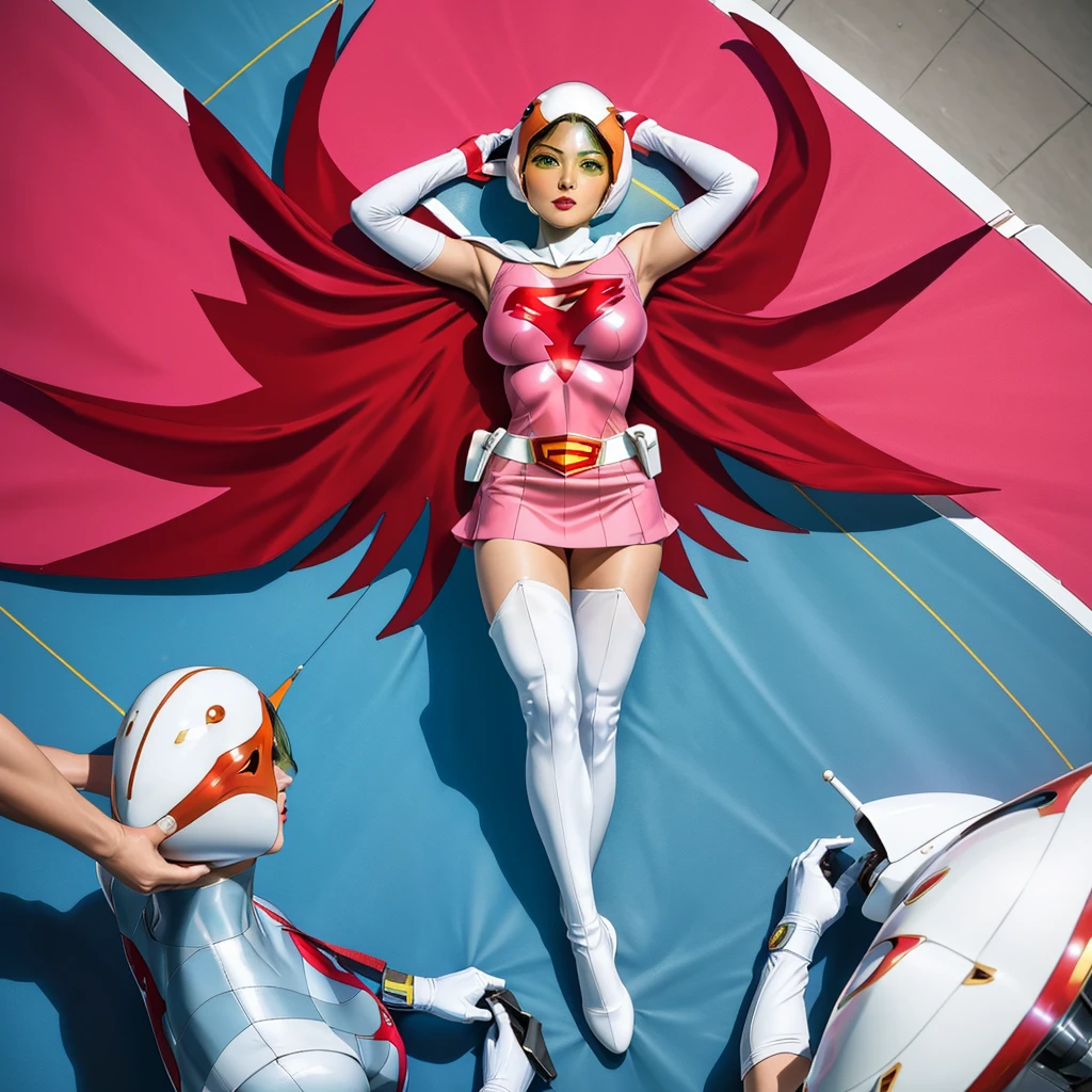 ANI_CLASSIC_jun_gatchaman_ownwaifu,1girl, 15 years old, good anatomy, masterpiece, best quality, realistic, hyperrealistic, 16k hdr, breasts, green eyes, lips, large breasts, lipstick, makeup, gloves, cape, helmet, belt, elbow gloves, white gloves, mask, ultra miniskirt, leotard, spacesuit, white tight overknee highheels boots, pink dress, superhero,bodysuit,(lying flat poses, view from above),pantyhose