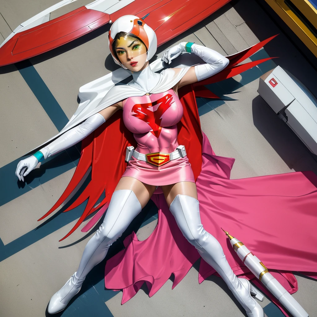 ANI_CLASSIC_jun_gatchaman_ownwaifu,1girl, 15 years old, good anatomy, masterpiece, best quality, realistic, hyperrealistic, 16k hdr, breasts, green eyes, lips, large breasts, lipstick, makeup, gloves, cape, helmet, belt, elbow gloves, white gloves, mask, ultra miniskirt, leotard, spacesuit, white tight overknee highheels boots, pink dress, superhero,bodysuit,(lying flat poses, view from above),pantyhose