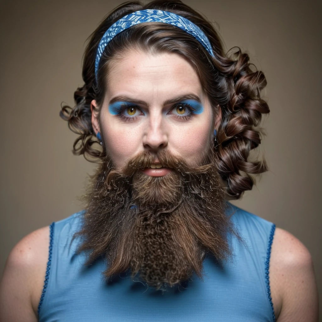 precise portrait, bearded woman with well-trimmed hairy and shaggy beard, mid-length brown hair with a headband, cute and naughty brown eyes, blue dancer's dress