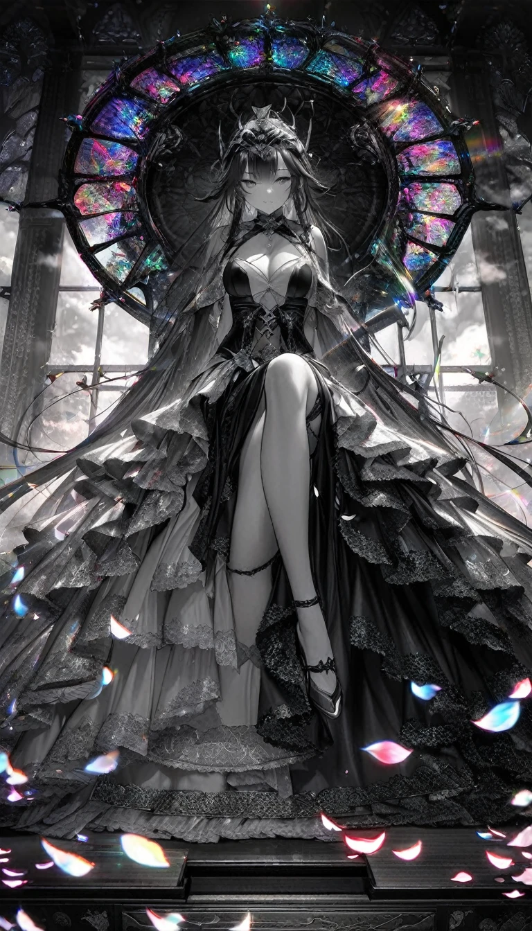 Highest quality, Highest quality, 16K, Unbelievably absurd, Very detailed, delicate and dynamic, Mysterious, A gigantic artistic structure made of chrome-plated framework and glass, After the Rain, Sunlight shines through the gaps in the clouds, Glass reflects the colors of the rainbow、The analyzer appears, Many rainbow-colored petals fall, The grass is covered with mist, Create amazing image effects, break (Monochrome, dancing beauty, Sensual expression, Gothic Astrologer Costume), Point your finger at the camera, Sitting on a Chinese-style chair, On the desk, Fortune telling,