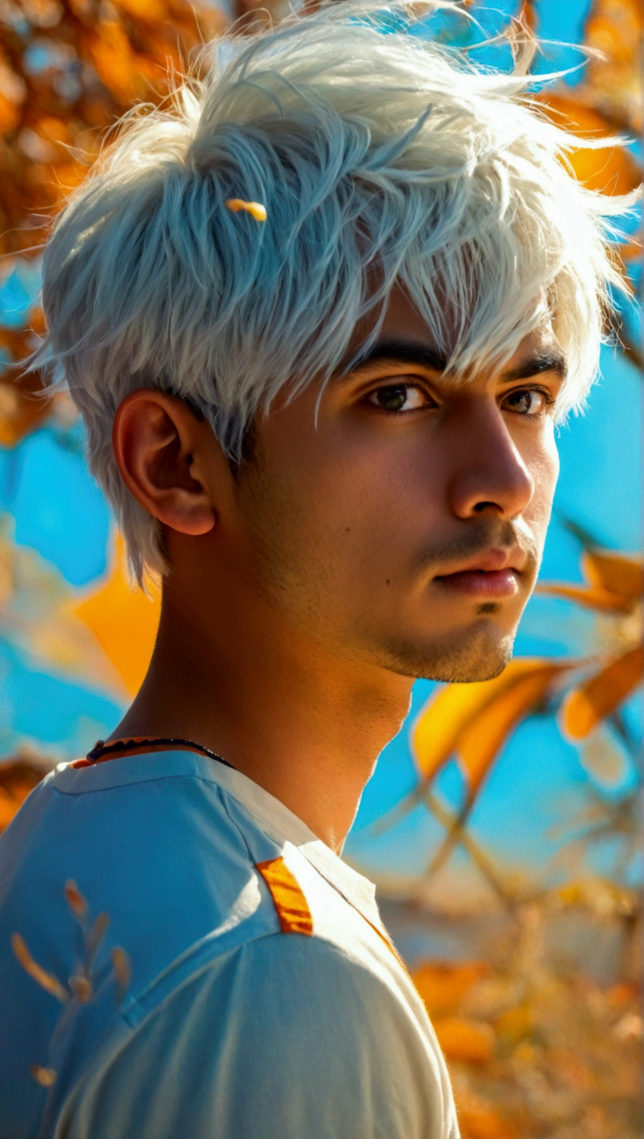 there is a man with a white shirt and a blue and orange shirt, with accurate face, without beard, around 1 , face picture, with kind face, shot on nikon z9, front profile!!!!, without helmet, good looking face, very very low quality picture, ayan nag, portait photo profile picture, profile picture