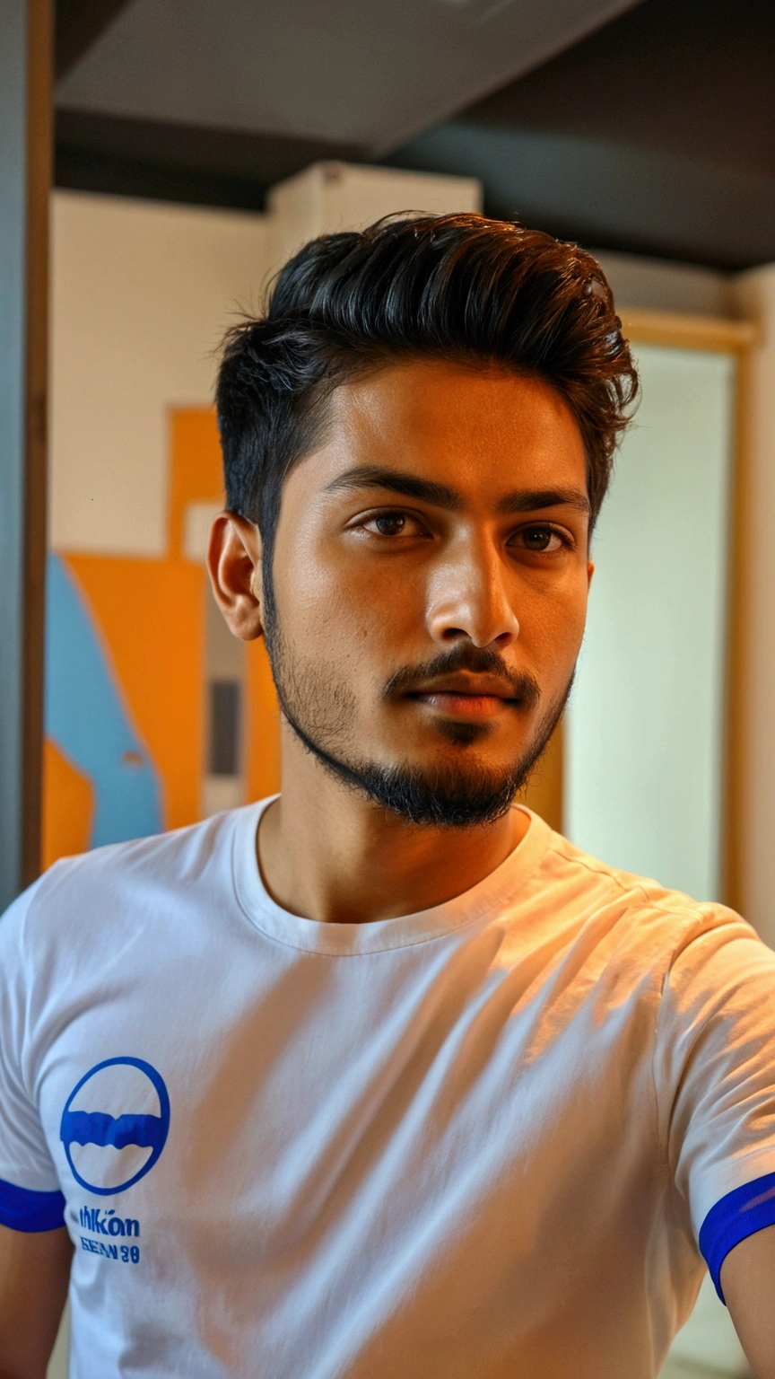 there is a man with a white shirt and a blue and orange shirt, with accurate face, without beard, around 1 9 years old, face picture, with kind face, shot on nikon z9, front profile!!!!, without helmet, good looking face, very very low quality picture, ayan nag, portait photo profile picture,  profile picture