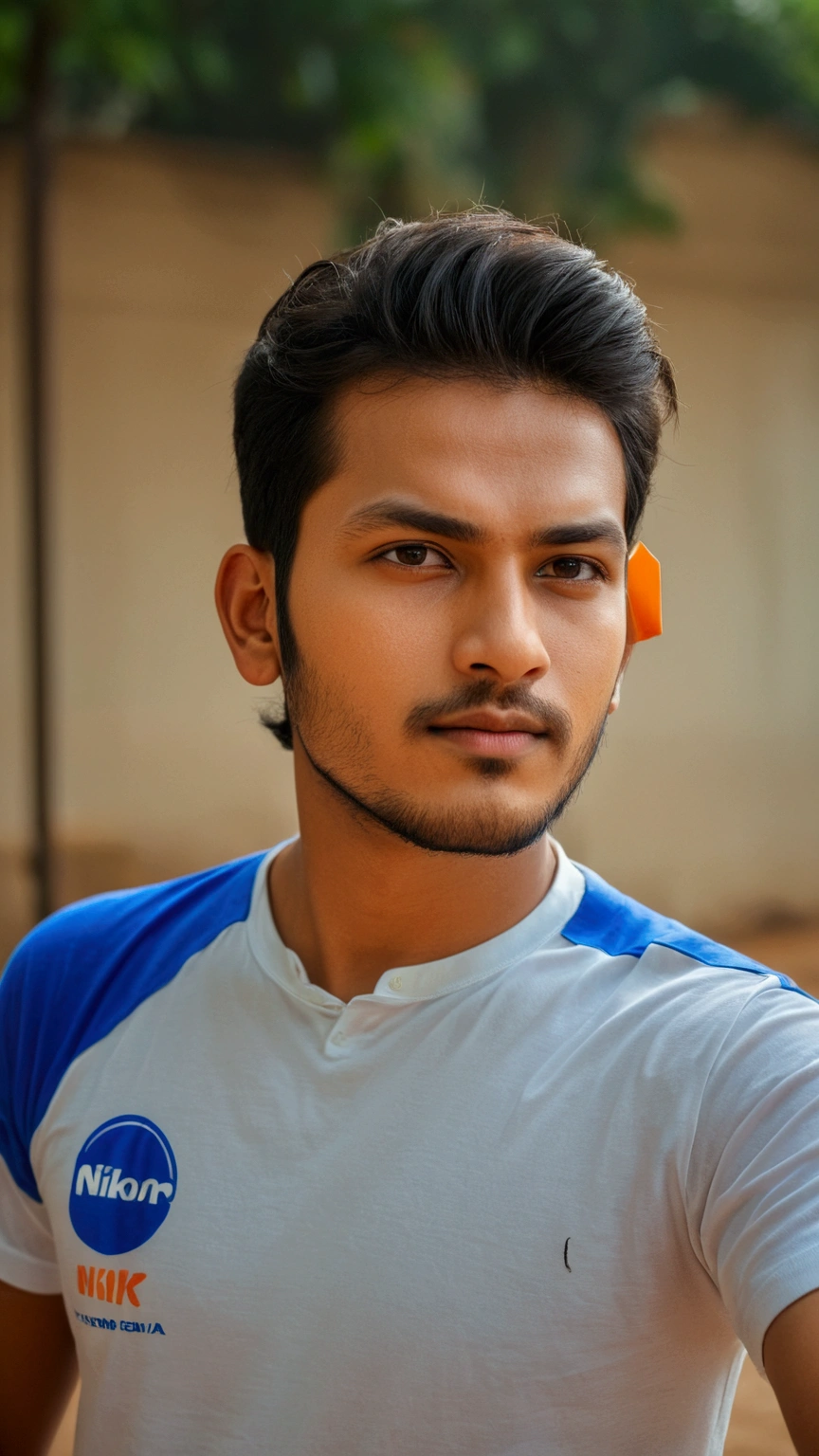 there is a man with a white shirt and a blue and orange shirt, with accurate face, without beard, around 1 9 years old, face picture, with kind face, shot on nikon z9, front profile!!!!, without helmet, good looking face, very very low quality picture, ayan nag, portait photo profile picture, profile picture