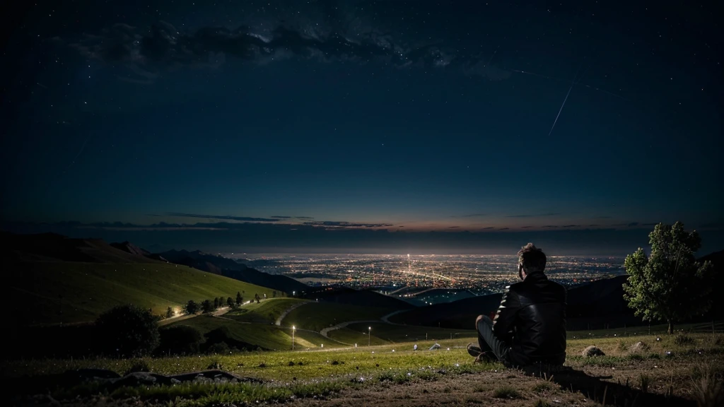 Man sitting alone, resting under a tree in a high-altitude field, looking at the view of the futuristic city at night.