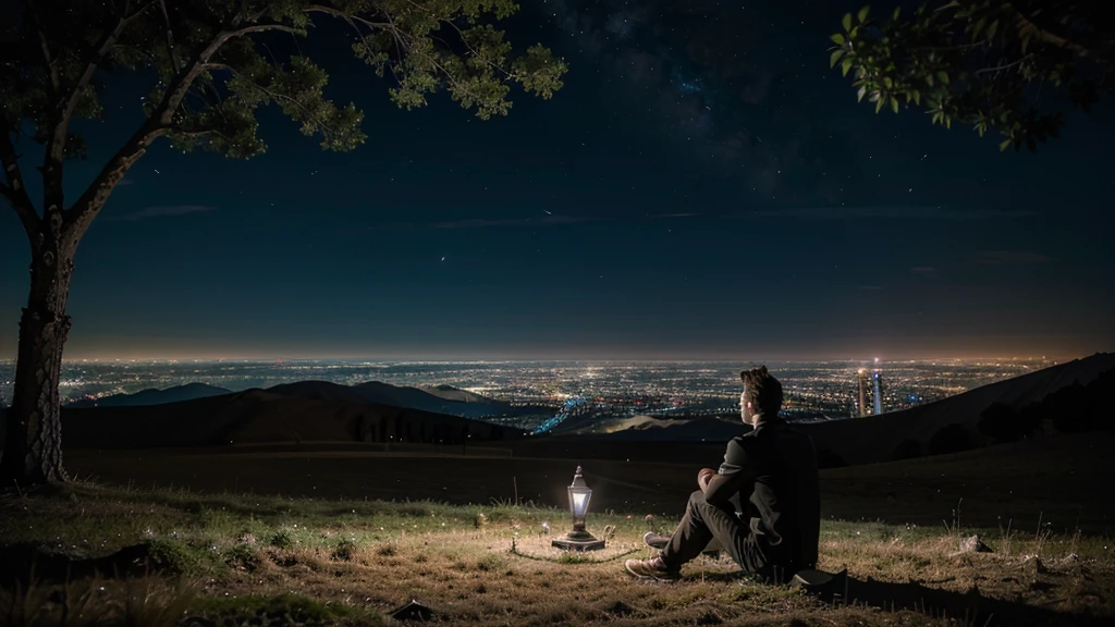Man sitting alone, resting under a tree in a high-altitude field, looking at the view of the futuristic city at night.