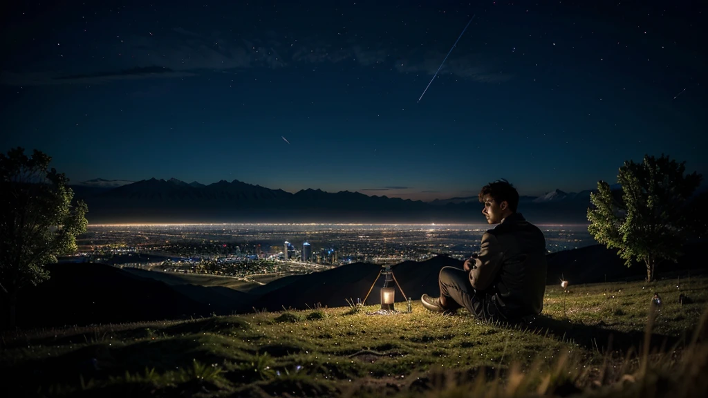 Man sitting alone, resting under a tree in a high-altitude field, looking at the view of the futuristic city at night.