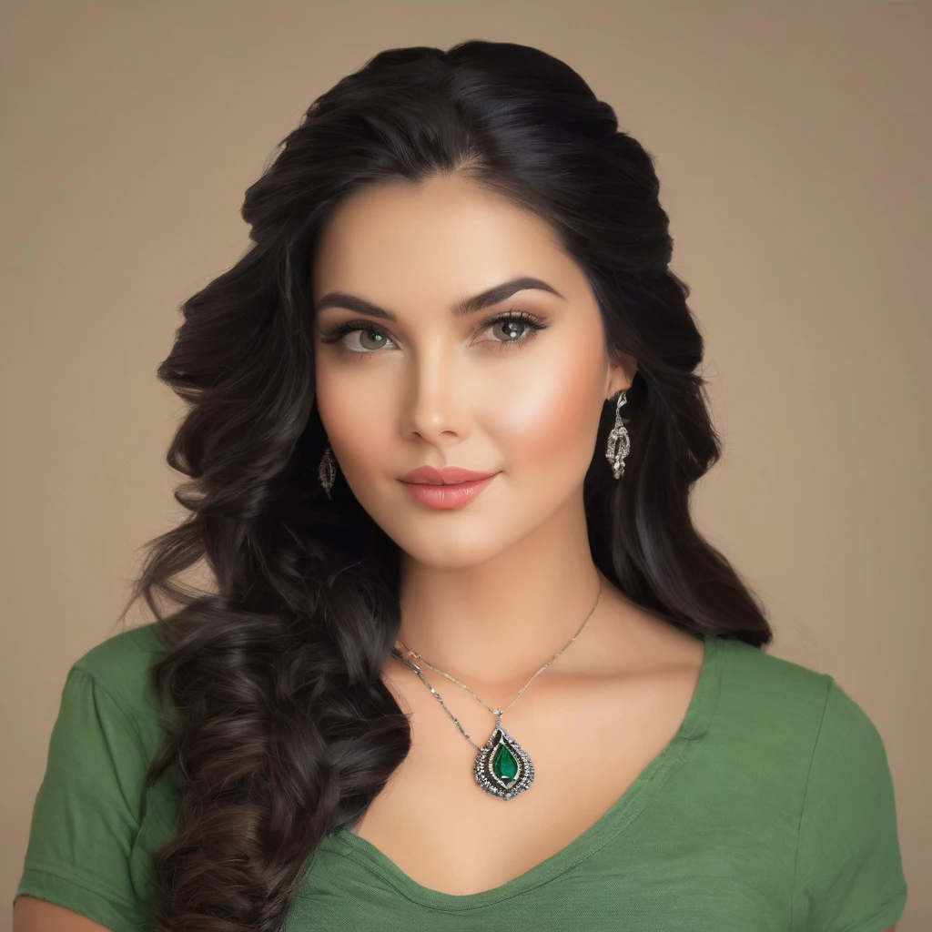 The image features a beautiful young woman with long, dark hair, wearing a green shirt. She is looking at the camera with a confident expression, and her hair is styled in a braid. The woman is also wearing a necklace, adding a touch of elegance to her overall appearance. The scene captures her beauty and poise, making her an attractive subject for the photograph.