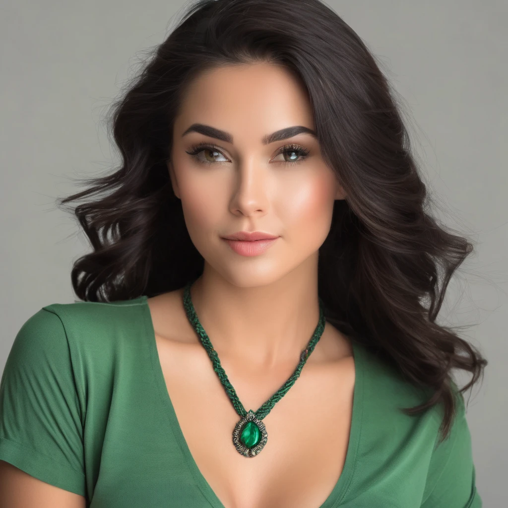 The image features a beautiful young woman with long, dark hair, wearing a green shirt. She is looking at the camera with a confident expression, and her hair is styled in a braid. The woman is also wearing a necklace, adding a touch of elegance to her overall appearance. The scene captures her beauty and poise, making her an attractive subject for the photograph.