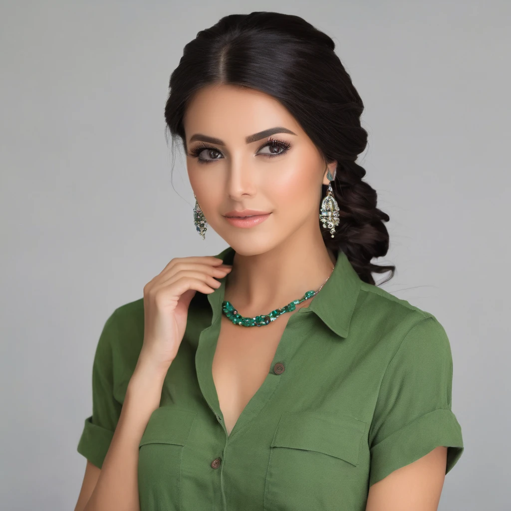 The image features a beautiful young woman with long, dark hair, wearing a green shirt. She is looking at the camera with a confident expression, and her hair is styled in a braid. The woman is also wearing a necklace, adding a touch of elegance to her overall appearance. The scene captures her beauty and poise, making her an attractive subject for the photograph.