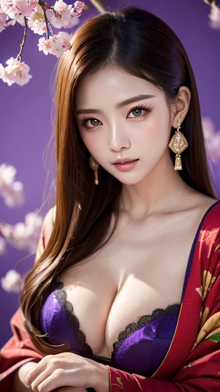 (8K, Highest quality, High resolution, masterpiece :1.3, RAW Photos), ((Accurately expresses the fine details of the face and skin texture)), ((Purple Background)), Beautiful adult woman, Long contour, Oiran, Gorgeous red kimono::2, hairpin, Captivating look, Strike a Pose, Delicate skin depiction、Earrings,Seduce the viewer、Captivate your viewers、Bewitching body、Alluring proportions、Captivating Eros、Taunt the viewer、Seductively Seduction、Climax orgasm during cherry blossom viewing、Dripping wet pussy、Dripping wet pussy、Cowboy Shot、