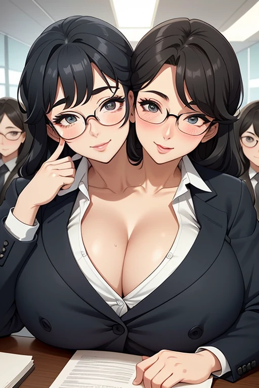 2heads, a tall chubby woman with 2 heads. She is wearing business attire. Deep cleavage She is in an executive office. She looks nerdy. Large circular glasses. She is smiling wide. She looks drunk. She has messy hair. She is very tall and chubby. She looks young. Blushing, aroused. Drunk, intoxicated.
