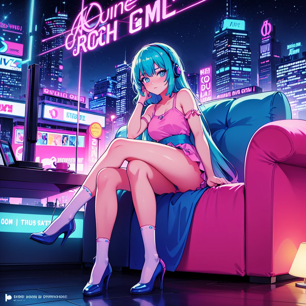 (masterpiece), Highest quality, Expressive eyes, Neon pastel aesthetics, Retro 90s, Neon color,((Girl sitting on sofa,In a cozy room,Records hanging on her wall, Comic books on the floor, Looking out the window behind her at the night city, Upholstered room, Anime figures lined up on a shelf)), Wearing headphones, (All around her it sparkles), (Wearing high socks and heels), (blue eyes), (Soft look), (Synthwave Art Style), Colorful Hair, Desk with PC set up