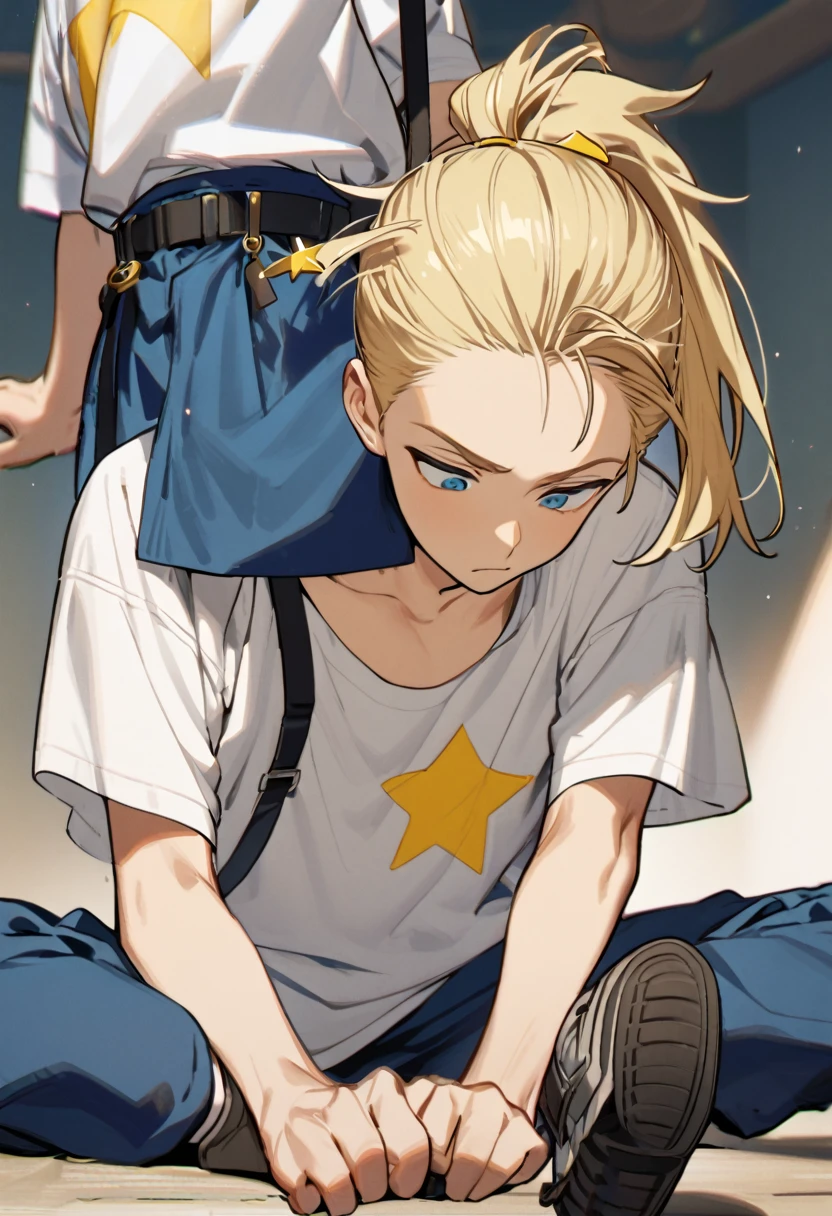 boy, blonde hair pulled back into a ponytail, the rest of the hair is loose, bangs, White T-shirt, black belt strap, blue pants, gray shoes boots, yellow star hairpin on the head.