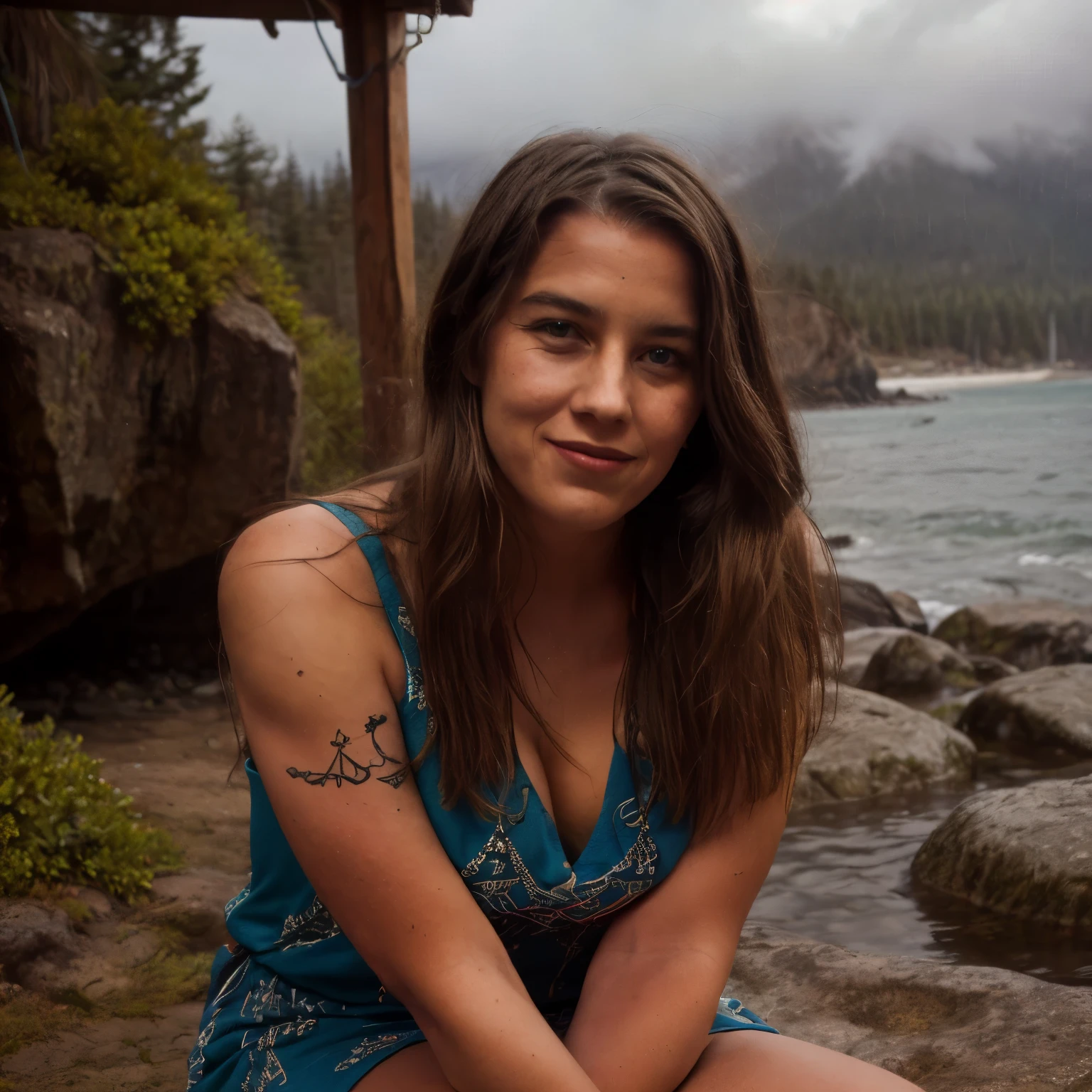 Bad Weather
A young Native American slightly smiling seductive woman sits by the edge of the British Columbia seashore, her face showing resilience as she faces the stormy weather. The temperate rainforest is far in the background, with the snow-capped peaks of the Rocky Mountains visible in the distance.

Around her, traditional Coast Salish tipis made from wood and covered with animal hides are set up. These conical structures are constructed from bison and deer hides, adorned with intricate beadwork and traditional symbols. Short tree stumps and large stones are arranged as seating near the tipis. The camp is bustling with activity as other members of the Coast Salish tribe engage in various tasks.

The woman wears authentic Native American clothing typical of her tribe, including a fringed deerskin dress decorated with beadwork and traditional symbols. Her long, black hair is braided and adorned with colorful beads and feathers. Her light blue eyes and full lips stand out against her sun-kissed skin, framed by high cheekbones and expressive eyebrows. She has a traditional tattoo, an intricate design that tells a story of her heritage.

The beach scene is dramatic, with large waves crashing against the rocky shore and rain pouring down. The sky is dark and cloudy, and the wind whips through the camp, rustling the hides of the tipis. The rocky beach leads to the turbulent, cold waters of the Pacific Ocean on the left. The dense foliage of the British Columbia rainforest is on the right, providing a stark contrast to the stormy scene. The snow-capped peaks of the Rocky Mountains are visible in the far distance, adding to the majesty of the landscape. This scene captures the essence of traditional Coast Salish life, showcasing their resilience and connection to nature.