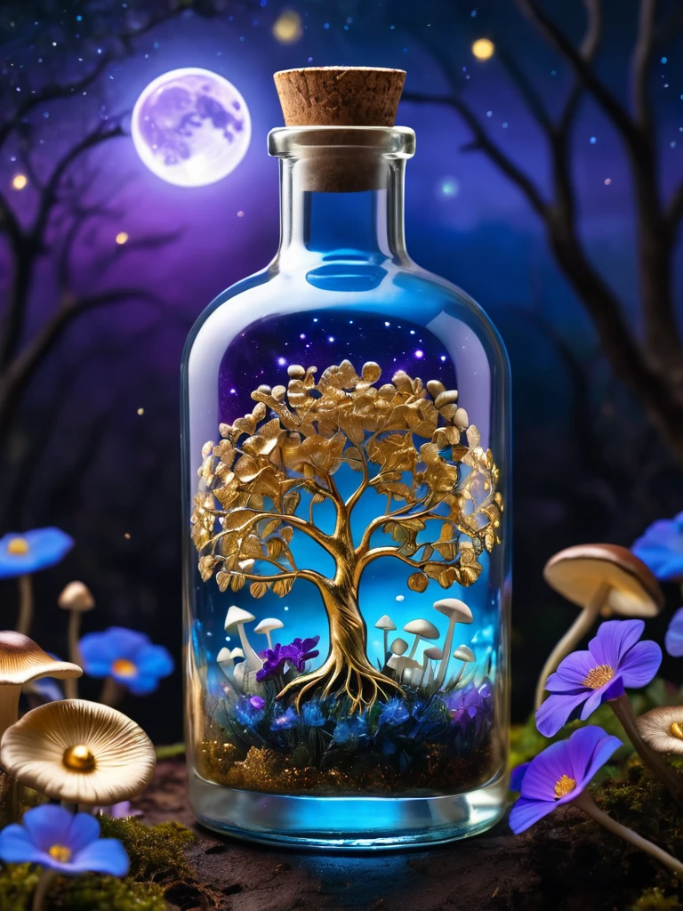 (a masterpiece in a glass bottle, blue and gold tree of life, mushroom fields, purple flowers), dark and ghostly background, moon
