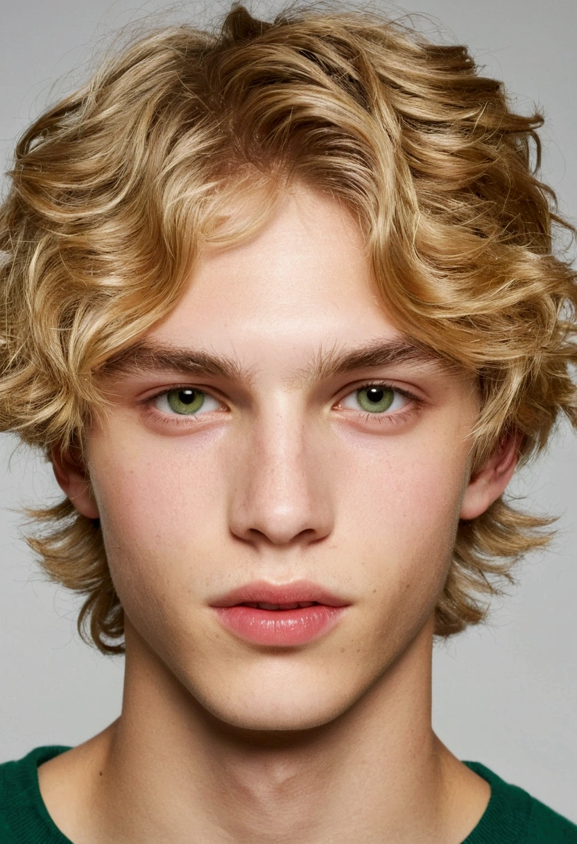 1 hermaphrodite boy, light green and friendly round eyes, healthy clear skin a little golden, full lips, 18-years old, short wavy blonde hair