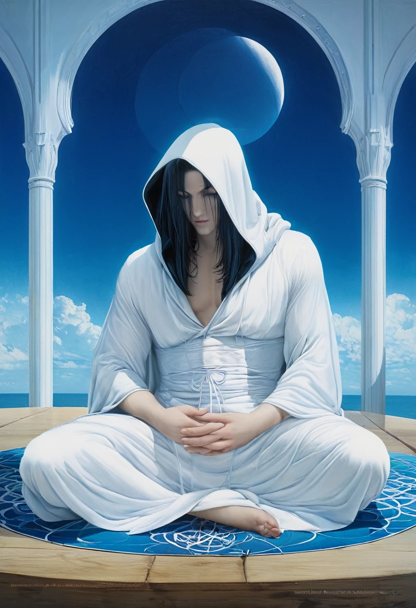 painting of a man sitting in a meditation position on a blue surface, adim kashin, inspired by Enki Bilal, hooded figure, inspired by Gyoshū Hayami, painting of white human figures, detailed painting of dune movie, with no face, ditigal painting, hooded figures, vdragan bibin, shikanosuke yagaki (highest quality, masterpiece), (Tarot, Tarot card,:1.1) blue background