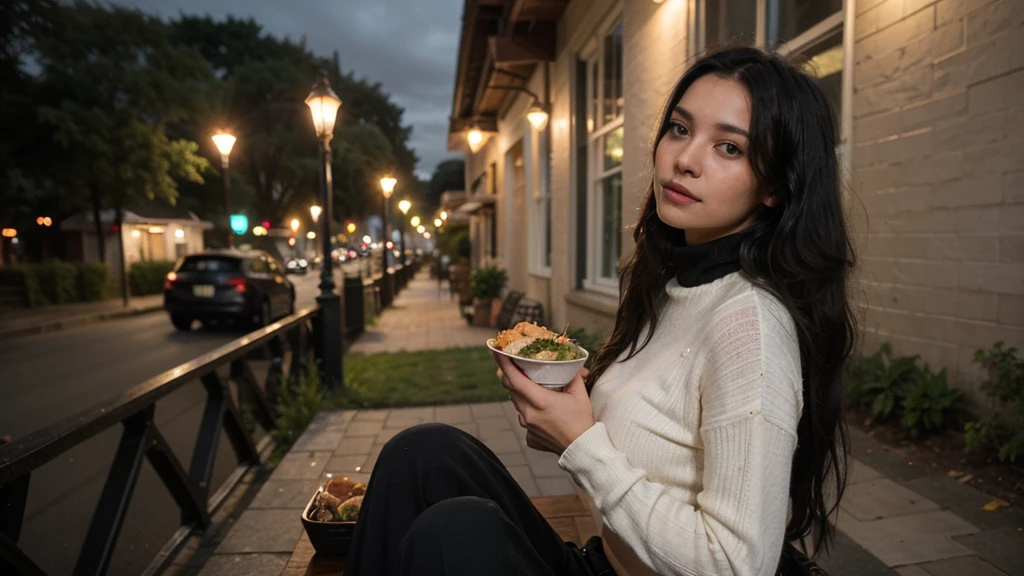 a girl(who is wearing white highneck sweater and black pant, long black hair ) is serving food in her hand, more realistic, background green hills, evening scene