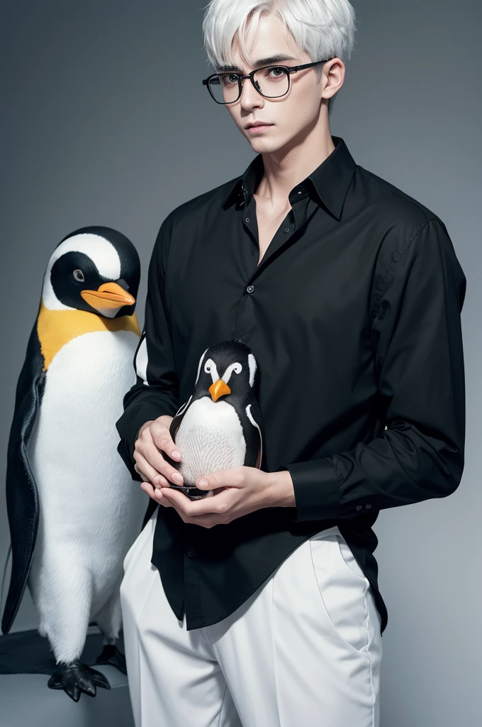 o 4K image of a man with short white hair, with a long black blouse with a penguin in the middle of the shirt, and black glasses with the hand holding the glasses