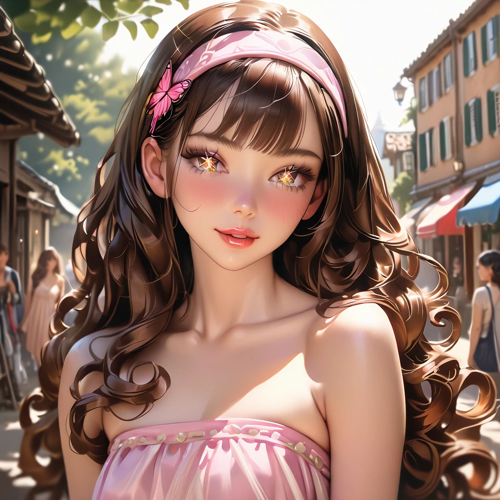 (masterpiece:1.5, best quality:1.5, absurdres), ultra-detailed, perfect anatomy, (hand reference anatomy:1), correct anatomy, 4K, 8K, realistic, detailed face, photorealistic beautiful girl, extremely long brown hair, curly hair, curly sided bangs, detailed hair, hairband, glossy lipstick, parted lips, sparkling eyes, eyelashes, blushing, smiling strapless summer dress, (close-up), various poses. bright colours, rural city scenery, sunlight, depth of field, butterfly style, butterfly style