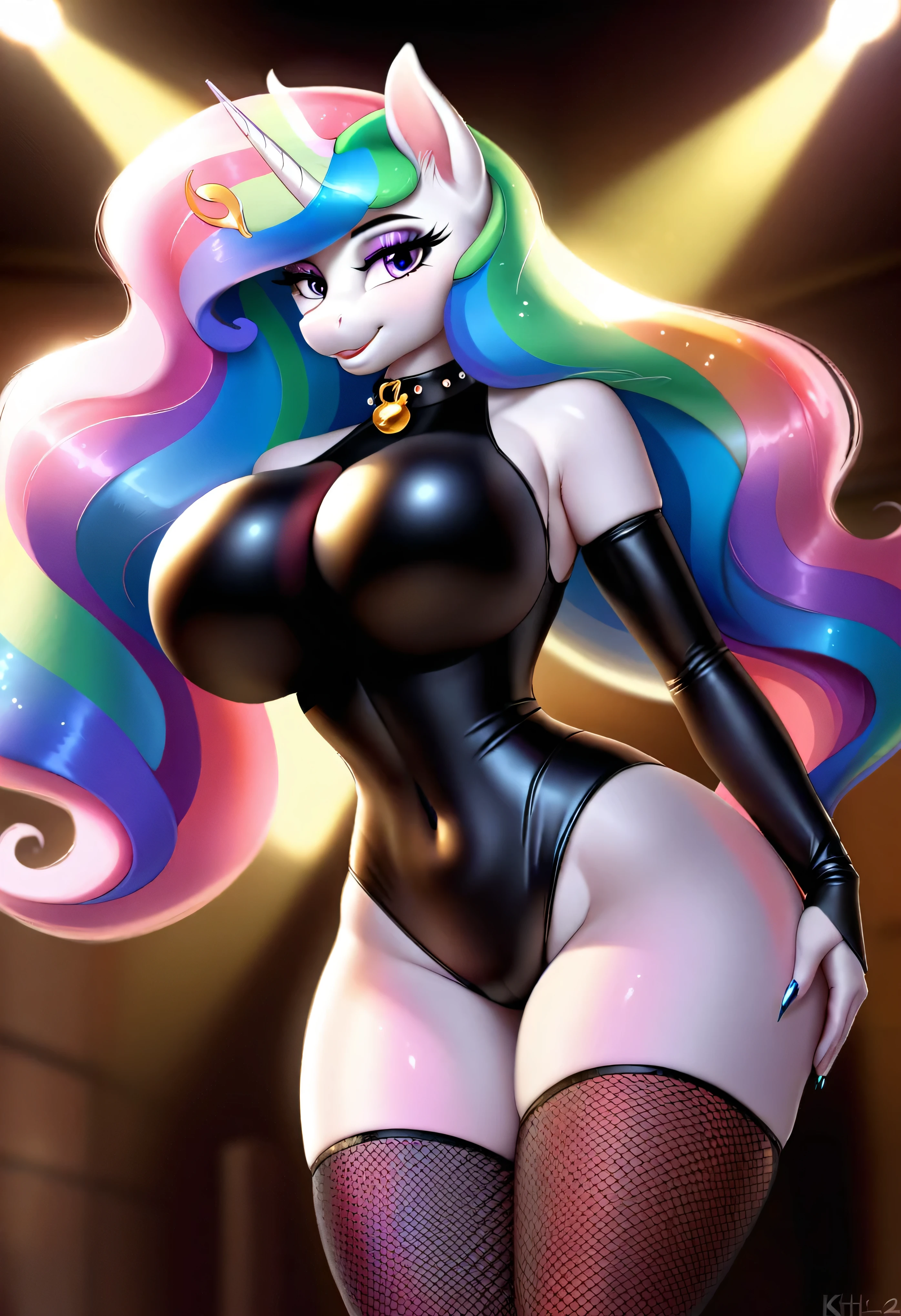 4k highly detailed realistic digital extremely high quality drawing, masterpiece, (by keeltheequine, uploaded on e621), (a full-body portrait of Princess Celestia), ((wearing a collar, sexy playboy bodysuit, fishnet legwear, 8 inch heels)), (beautiful and detailed eyes: 1.1), detailed fur, seductive, sexy, voluptuous, curvy body, hourglass figure, large breasts, long legs, cinematic lighting, (f1.8 short focus bokeh)