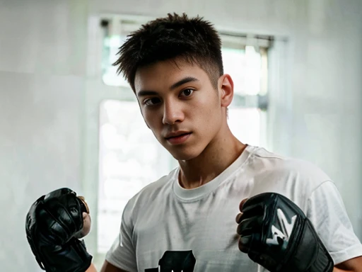 1 homme, couleur clair, lycéen, transpire, regarde la caméra, athlete, Boxing champion,
à 18 ans, homme musclé portant un t-shirt noir uni et un collier en chaîne de titane, 18-year-old man, red glowing eyes, Fight, mma gloves, mma, school ring, karate school, combat, realism, Epic, beautiful photography, studio shots, soft Iight, portraits, ultra-realistic skin textures, intricate details, l Ultra HD 32K