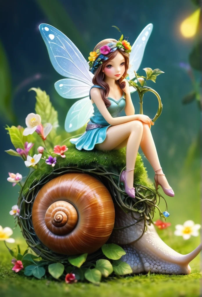 Beautiful fairy (miniature) sitting on a snail,magic background,flowers,vines,grass