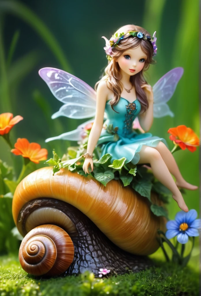 Beautiful fairy (miniature) sitting on a snail,magic background,flowers,vines,grass