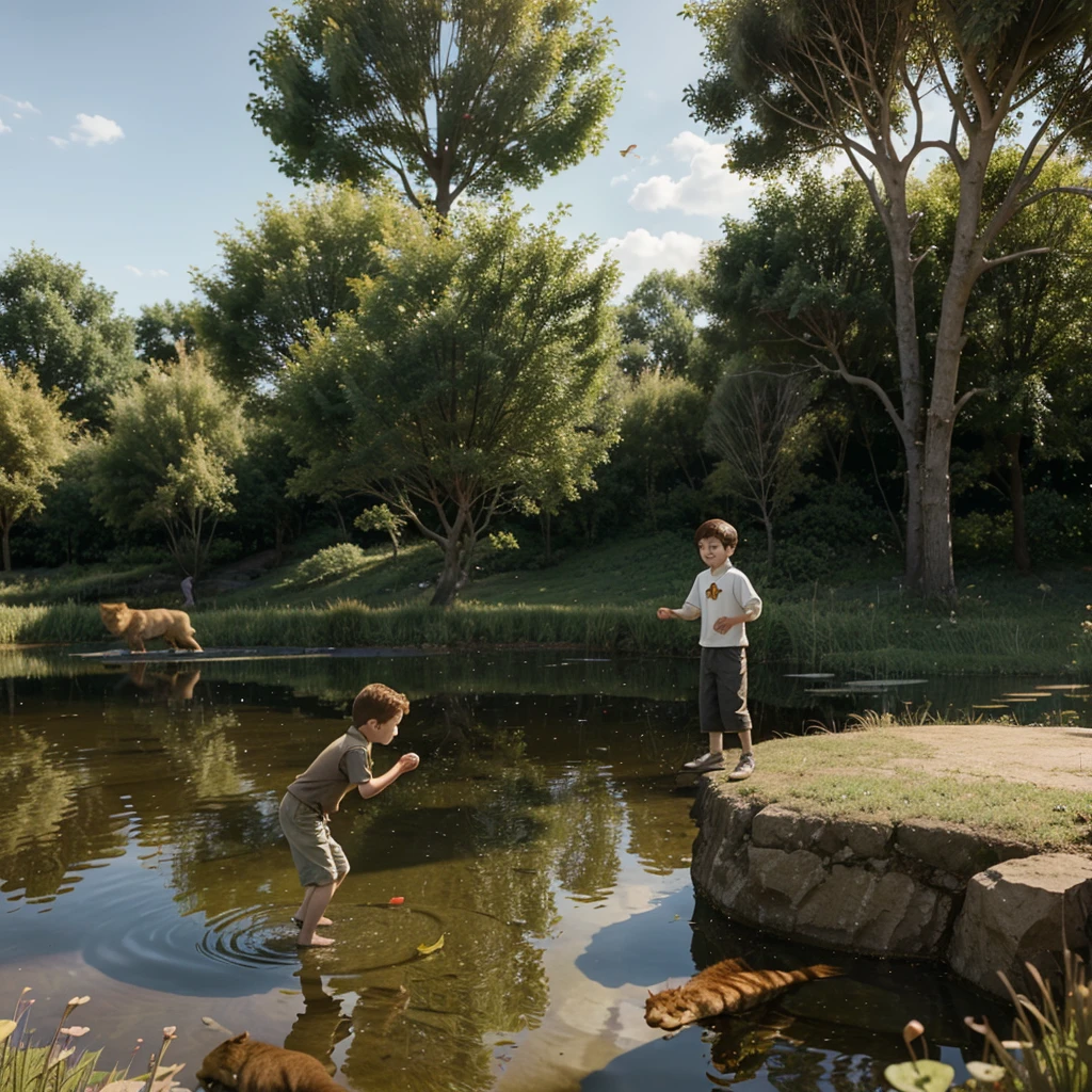 A cute little boy with dark hair and eyes and a blonde stood with a lion a wizard and a large ginger cat around a pond looking at the fish jumping out of the water. Pixar 3d style.