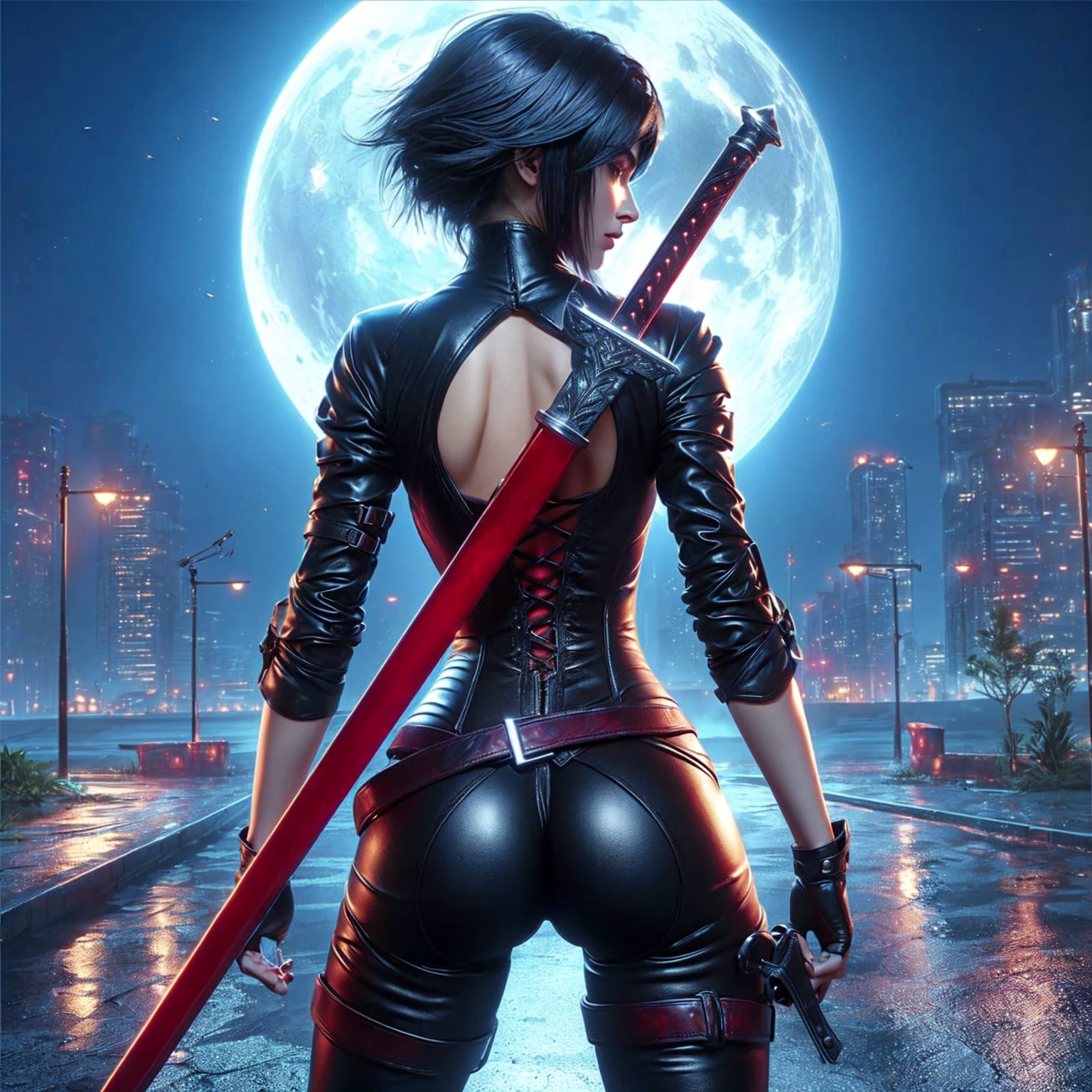 Black haired woman, tight black leather outfit.  ,  Fine Red Sword   , ,,realistically 