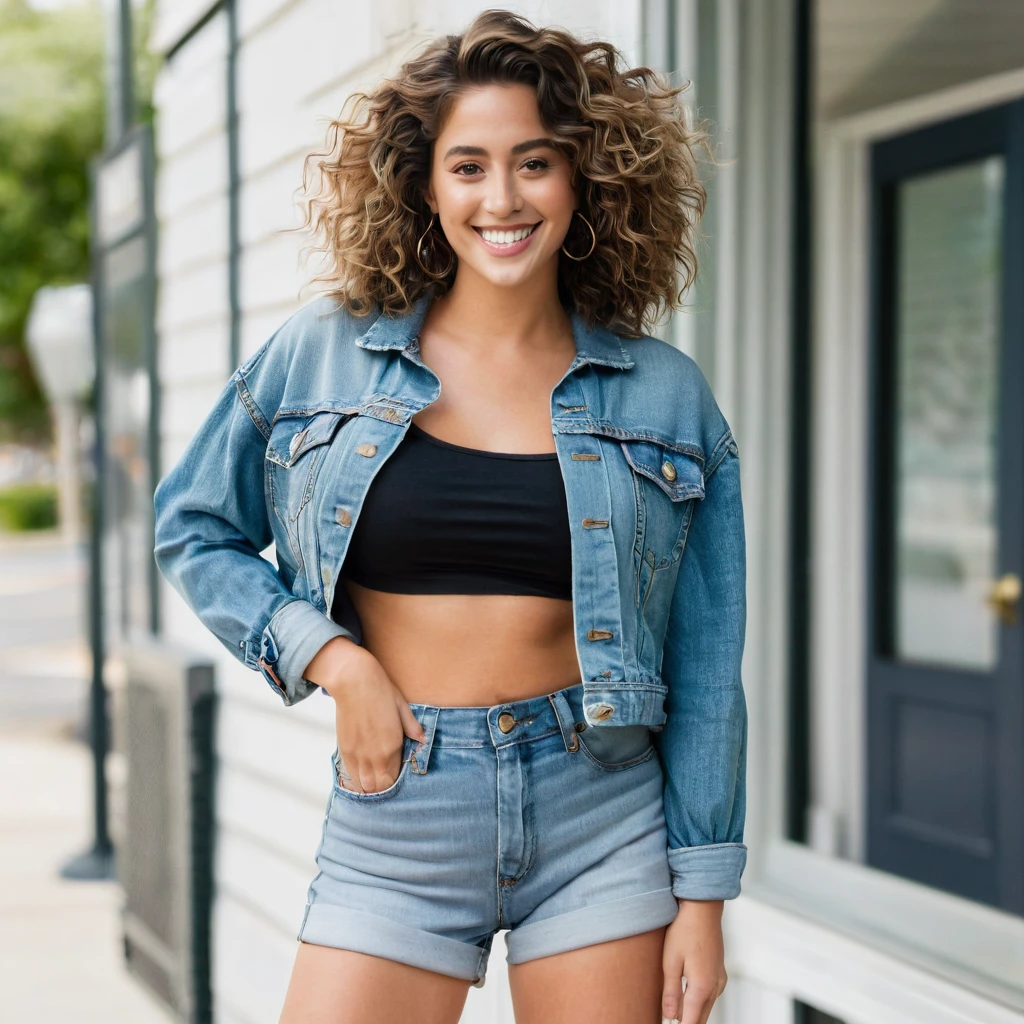 An image of a woman with voluminous wavy hair, standing confidently and smiling at the camera. She is wearing a light denim jacket with rolled sleeves, a black crop top, and high-waisted denim shorts. Her right hand rests on her hip, and her left arm is relaxed at her side. The setting is simple, with soft lighting that highlights her friendly demeanor and casual style.