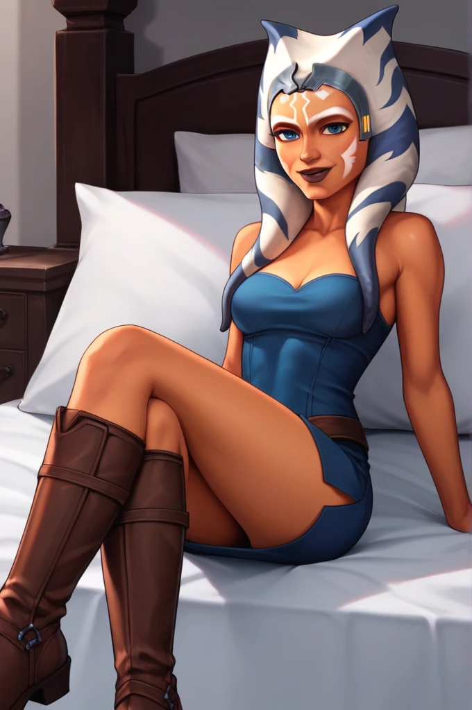 score_9, score_8_up, score_7_up, score_6_up, score_5_up, score_4_up, AhsokaTanoXL, blue eyes, tentacle hair, orange skin, colored skin, facial mark, medium breasts, blue dress, skirt, blue pants, bare shoulders, guantlets, hip armor, skirt,blue pants, brown boots, solo, lying on bed, nude ,seductive smile, looking at viewer, indoors 