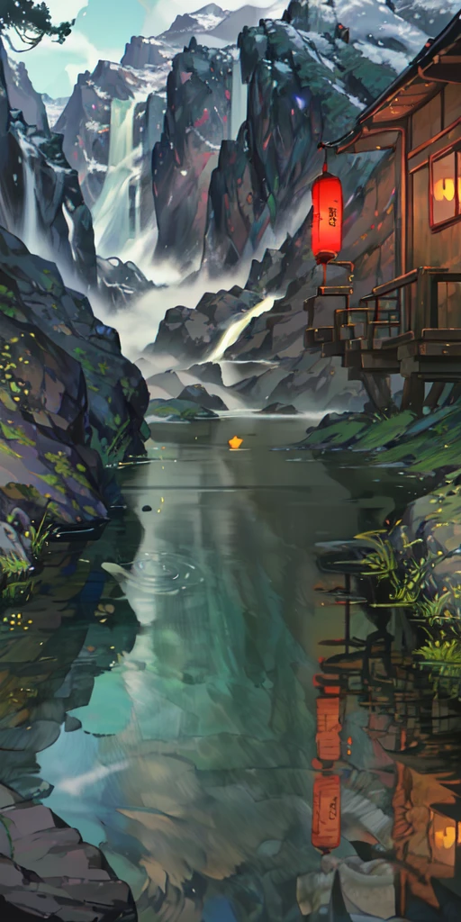 Chinese ancient times, spring, jungle, lake, cave, waterfall, tree, meadow, rock, deer, hot spring, water vapor, (illustration: 1.0), epic composition, realistic lighting, HD details, masterpiece, best quality, (very detailed CG unified 8k wallpaper), digital painting, location, location из игры, большая location, glowing effects in the background, fog in the foreground with glow effects, colorful, No characters, no characters, только location, cute style, anime style, at night, night time, Night lighting