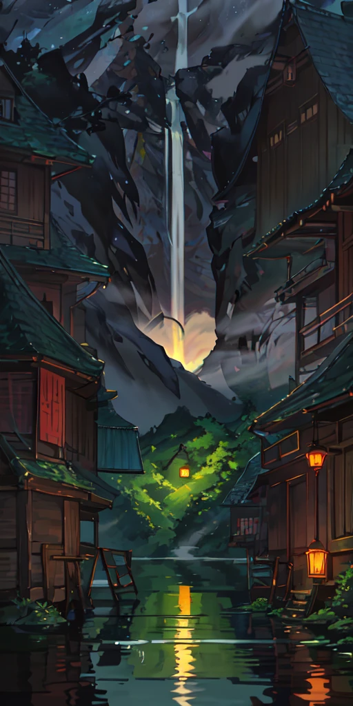 Chinese ancient times, spring, jungle, lake, cave, waterfall, tree, meadow, rock, deer, hot spring, water vapor, (illustration: 1.0), epic composition, realistic lighting, HD details, masterpiece, best quality, (very detailed CG unified 8k wallpaper), digital painting, location, location из игры, большая location, glowing effects in the background, fog in the foreground with glow effects, colorful, No characters, no characters, только location, cute style, anime style, at night, night time, Night lighting 