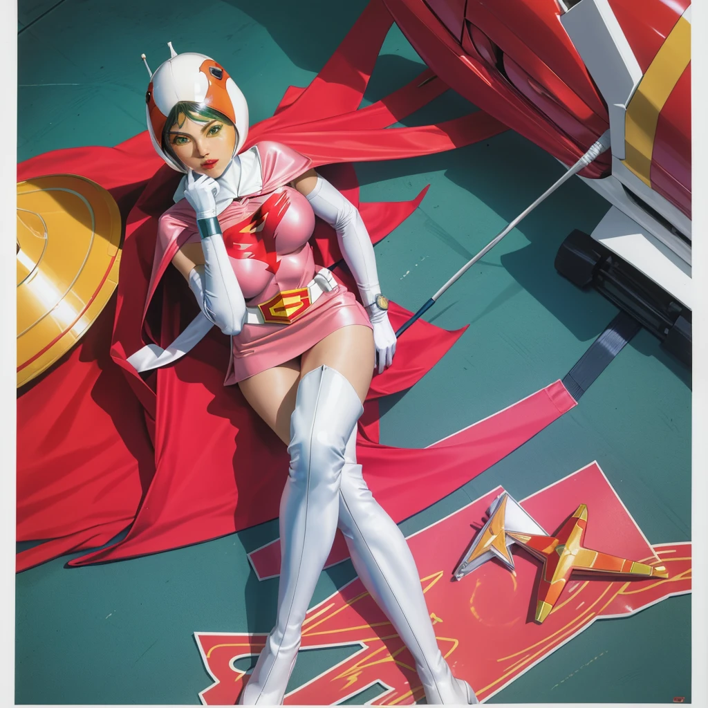 ANI_CLASSIC_jun_gatchaman_ownwaifu,1girl, 15 years old, good anatomy, masterpiece, best quality, realistic, hyperrealistic, 16k hdr, breasts, green eyes, lips, large breasts, lipstick, makeup, gloves, cape, helmet, belt, elbow gloves, white gloves, mask, ultra miniskirt, leotard, spacesuit, white tight overknee highheels boots, pink dress, superhero,bodysuit,(lying flat poses, view from above),pantyhose