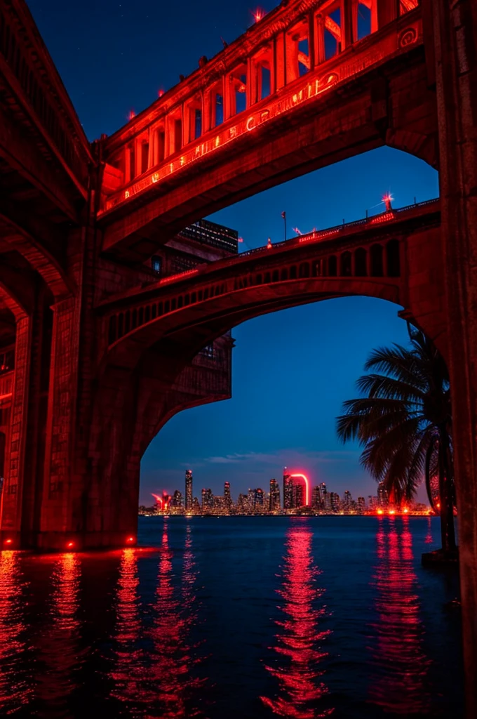 makes an image of a city with red lighting but that looks like a city taken from paradise itself