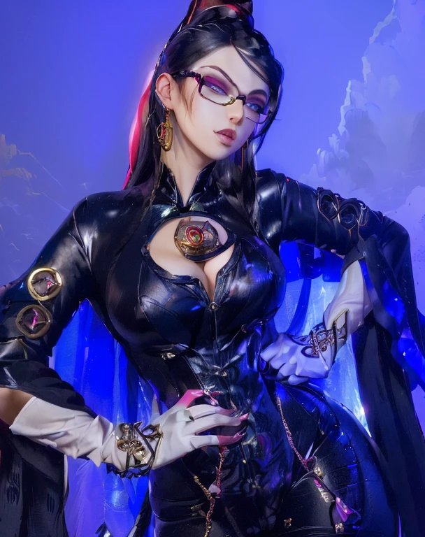 (masterpiece:1.4),(best quality:1.4),(absurdres:1.4),pin-up, bayonetta_1_aiwaifu,black_hair,glasses,blue_eyes,redish-pink mascara, magenta eyeshadow,very_long_hair,jewelry,large_breasts,earrings,ribbon,black bodysuit,gloves,hair_ribbon,makeup,lipstick,cleavage_cutout,cleavage,amulet,chain,elbow_gloves,bangs,gold_chain,skin_tight, (absurdres, highres, incredibly_absurdres:1.4),scenery,masterpiece,
