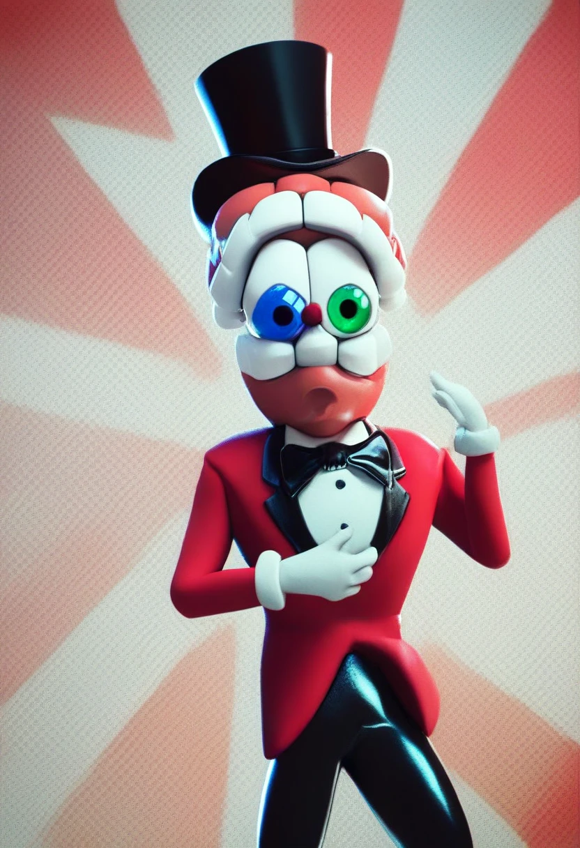 caine, solo, gloves, 1boy, hat, bow, male focus, white gloves, bowtie, top hat, dentures, blue eyes, green eyes, heterochromia, gloating eyes, floating head, red suit, black pants, source, no head, floating, circus background, 3d, source_cartoon, no nose
