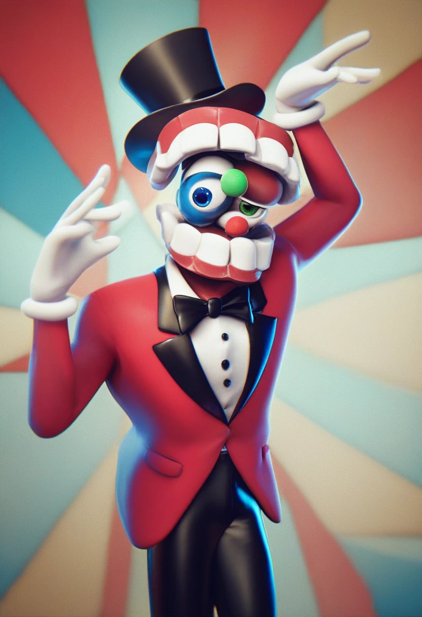 caine, solo, gloves, 1boy, hat, bow, male focus, white gloves, bowtie, top hat, dentures, blue eyes, green eyes, heterochromia, gloating eyes, floating head, red suit, black pants, source, no head, floating, circus background, 3d, source_cartoon, no nose